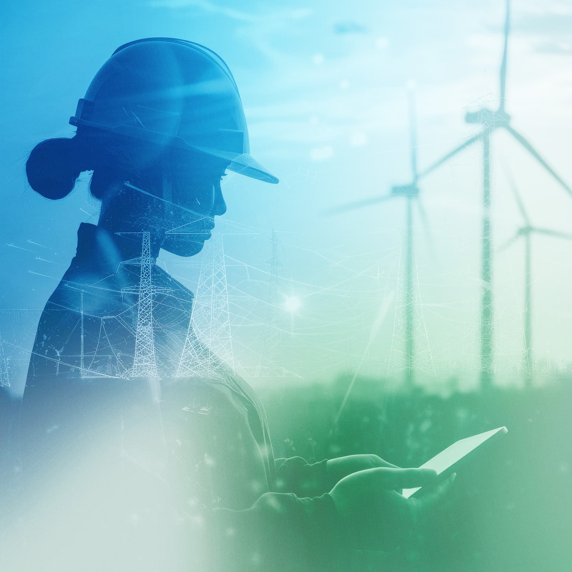 Ingenieurin mit Schutzhelm nutzt Tablet vor Windkraftanlagen, symbolisiert nachhaltige Energie und innovative Technologie.