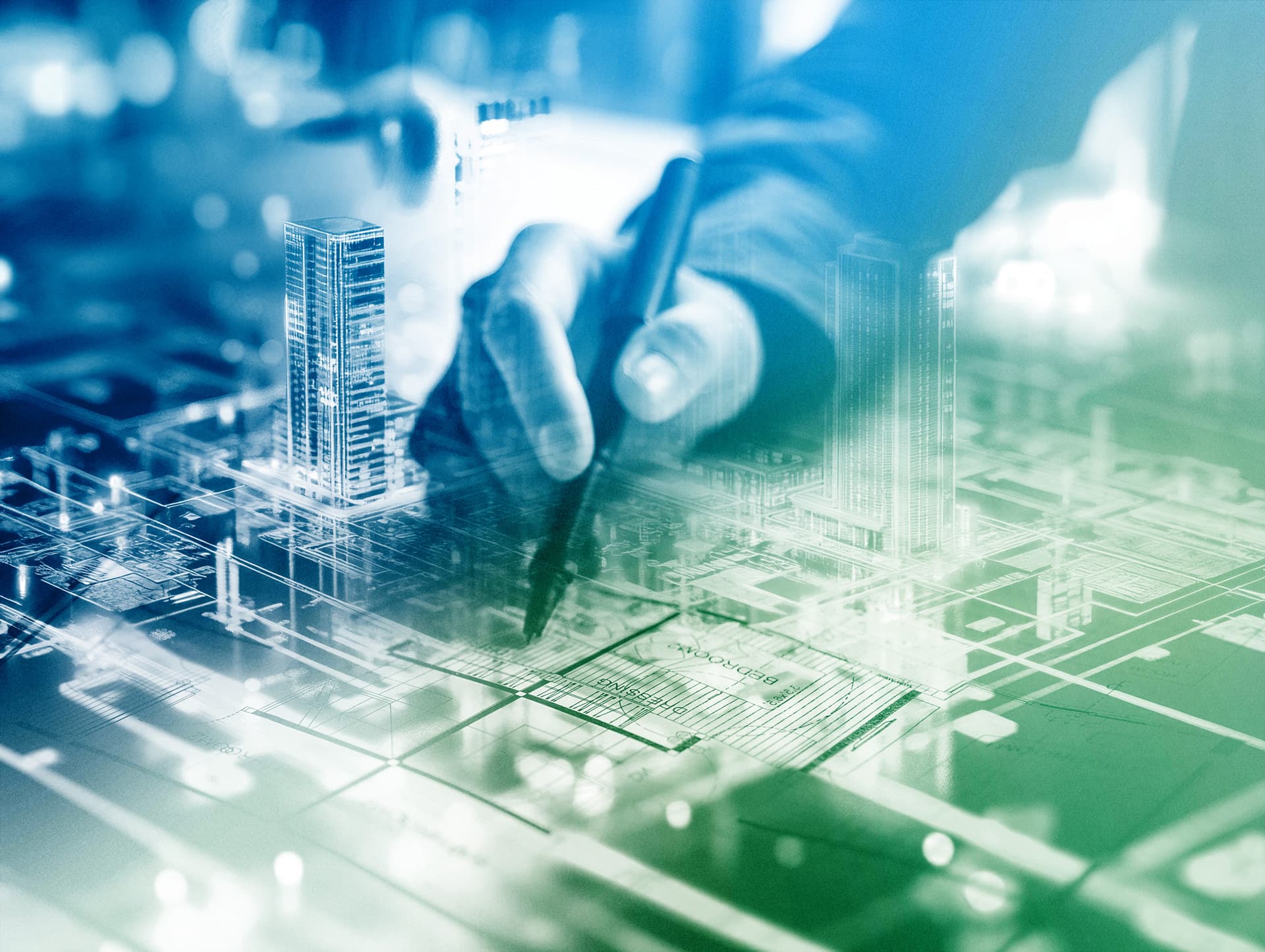 Architekt plant nachhaltiges Immobilienprojekt auf digitalem Tablet, Fokus auf Nachhaltigkeit und innovative Architektur.