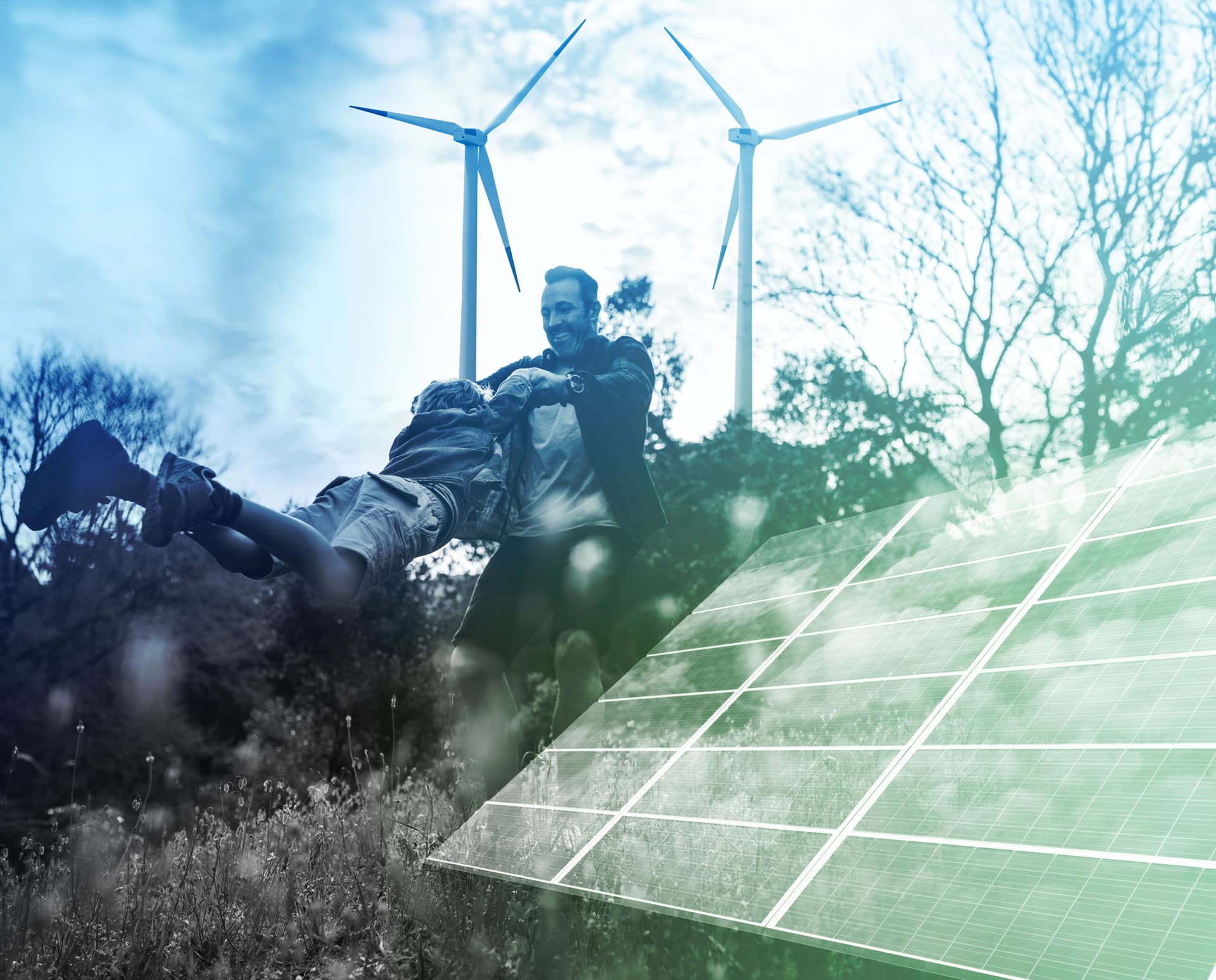 Mann spielt mit Kind vor Solarpanelen und Windrädern; Fokus auf erneuerbare Energien und nachhaltige Infrastruktur.